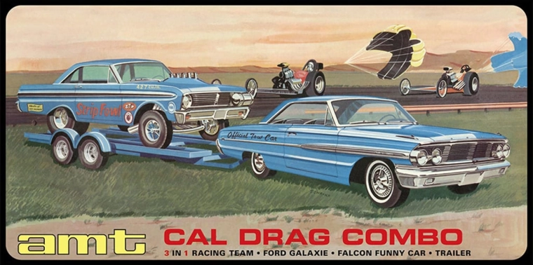 AMT plastový model 3 v 1 Cal Drag Combo 1964 Galaxie, AWB Falcon a přívěs 1:25 - 1 kus