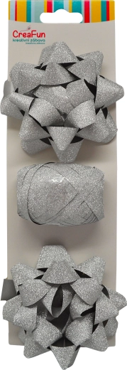 Třpytivá dárková balicí sada stříbrná (stuha 10 m + 2 mašle hvězda 9 cm)