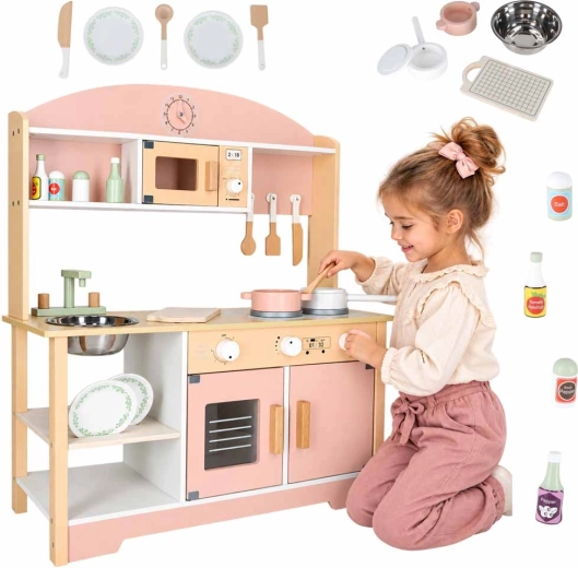Dřevěná dětská kuchyňka Modern Classic s příslušenstvím, růžová