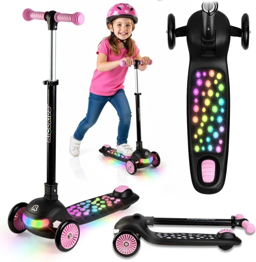 Dětská třikolová balanční koloběžka s LED podsvícením Ricokids Glowi – černo‑růžová
