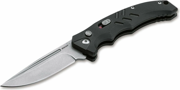 Böker Plus Intention II Black automatický taktický nůž 8 cm se stonewash úpravou a rukojetí G10