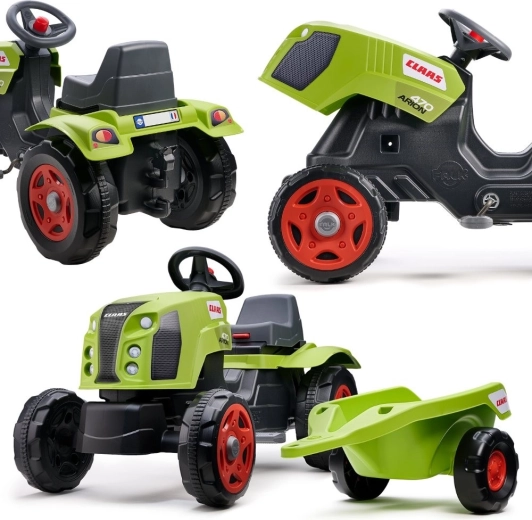 Falk šlapací traktor CLAAS Arion 470 s přívěsem a otvírací kapotou (2–6 let)