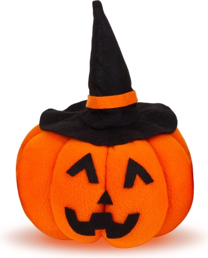 Halloweenská textilní dýňová dekorace s černým kloboukem