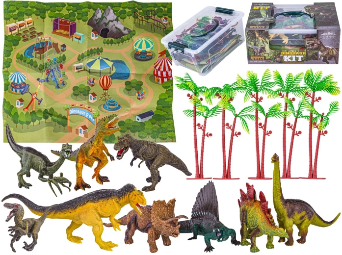 Sada figurek dinosaurů v kufříku s podložkou a stromy (9 ks)