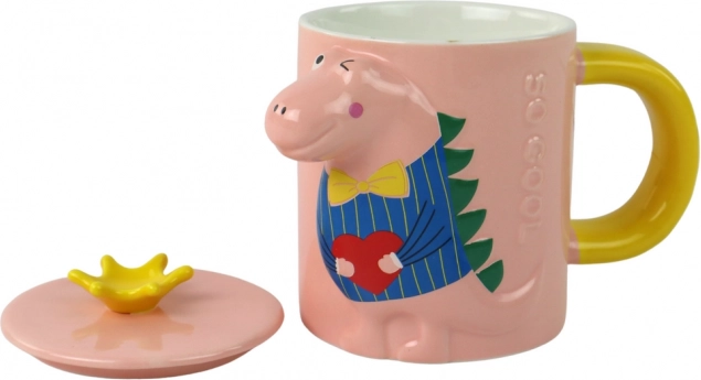 Keramický hrnek s víčkem a lžičkou s motivem dinosaura růžový 400 ml
