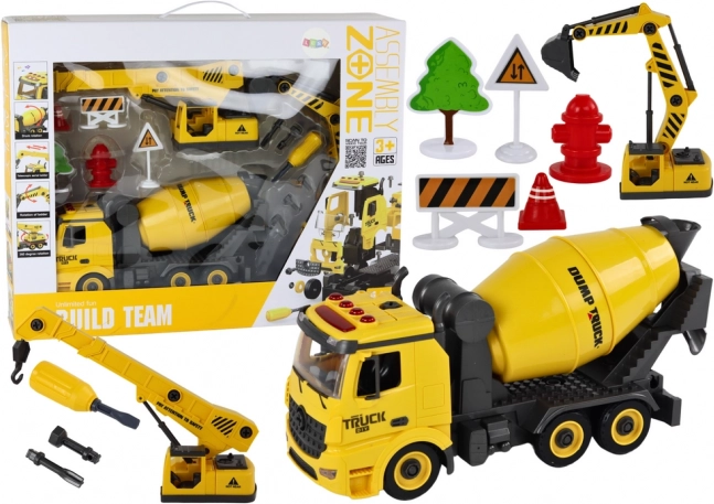 Stavební vozidla 1:12 DIY se světly a zvuky – betonmix, jeřáb a bagr