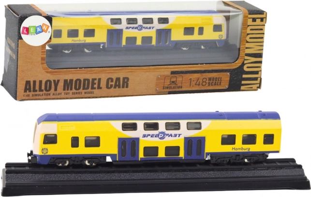 Kovový sběratelský model žluto‑modrého vlaku 1:48