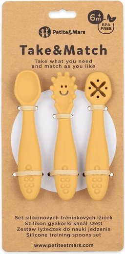 Petite&Mars silikonové tréninkové lžičky Take&Match intense ochre 6m+ (3 ks)