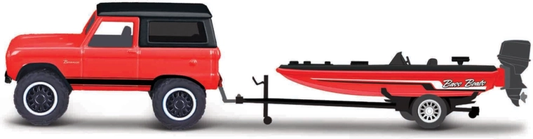 Maisto Design Tow & Go – 1966 Ford Bronco s přívěsem a motorovým člunem 1:64
