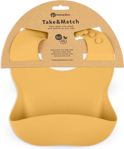 Silikonový bryndák PETITE&MARS Take&Match intense ochre 6m+