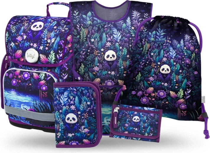 Školní set 5 ks BAAGL Ergo Jungle Panda – aktovka, penál, sáček, zástěra a peněženka