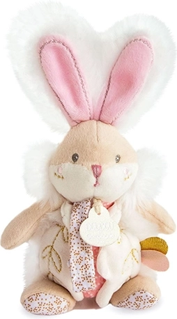Doudou hračka zajíček s chrastítkem a úchytem na dudlík 21 cm – Růžová