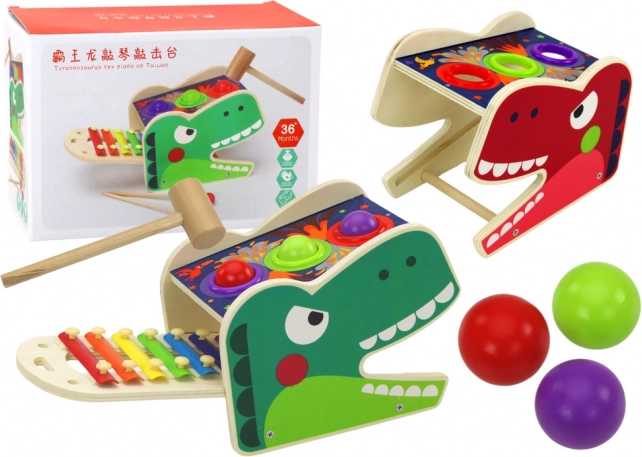 Dřevěný dinosaurus 2v1 – zatloukací hra s kuličkami a xylofon