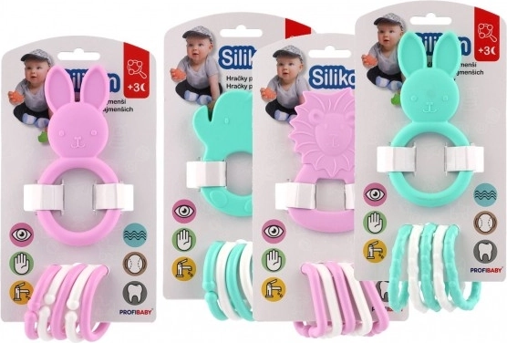 silikonové kousátko se zvířátkem a plastovými kroužky 7–8 cm, mix barev, 3m+