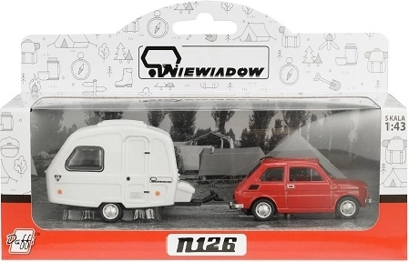 Fiat 126p s kempingovým přívěsem Niewiadów červený