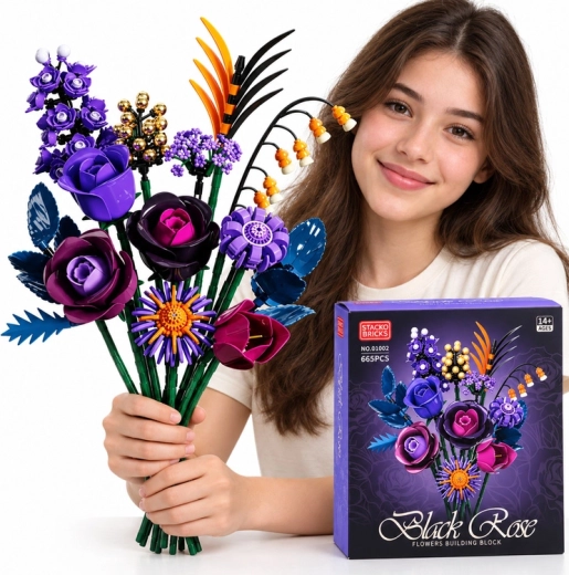 Stavebnice kytice tmavých růží Black Rose, 665 dílků