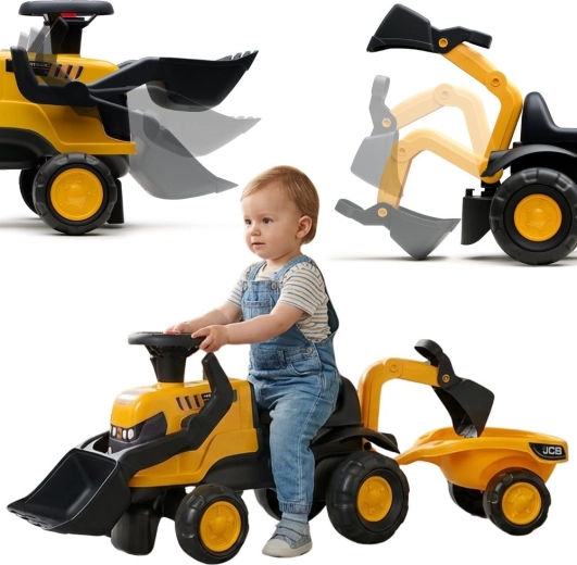 Odrážedlo traktor JCB s přívěsem, lopatkou a hráběmi pro děti 1–3 roky