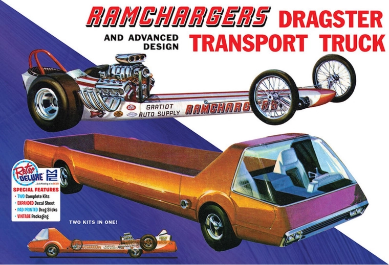 Plastikový model auta 1:25 MPC Ramchargers dragster & transporter truck