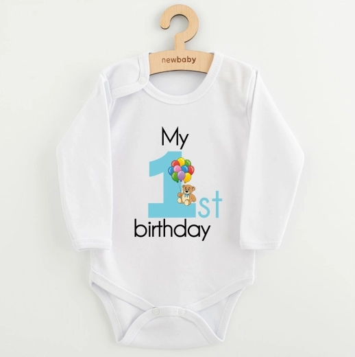 Dětské body New Baby My 1st birthday modré s dlouhým rukávem