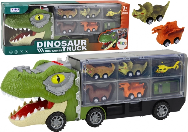 Dinosauří nákladní auto s přepravníkem a 6 autíčky se světly a zvuky – zelené