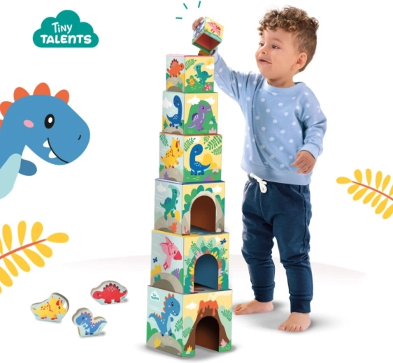 Věž z 7 kostek s veselými ilustracemi dinosaurů