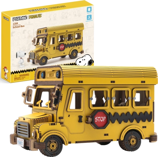 Puremind dřevěný 3D model školního autobusu PEANUTS Snoopy – stavebnice