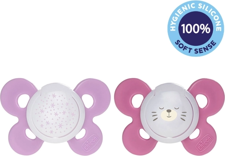 Chicco dudlík Physio Comfort noční silikon 16–36 m, dívka, hvězdy a méďa, 2 ks