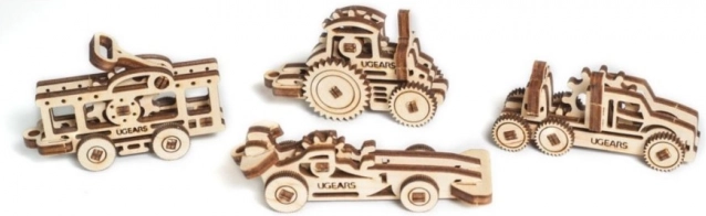 Ugears 3D dřevěné mechanické puzzle – sada 4 přívěšků vozidel