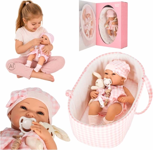 Panenka miminko 38 cm s přenosným košíkem a plyšovým králíčkem růžová