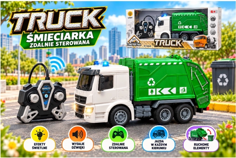 Rádiem řízený popelářský vůz se světly a nabíječkou