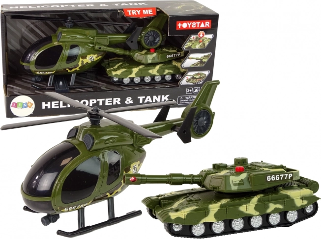 Vojenská sada – tank s setrvačníkem a helikoptéra
