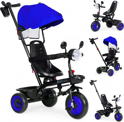 3v1 dětská tříkolka s otočným sedadlem a stříškou, modrá, ECOTOYS