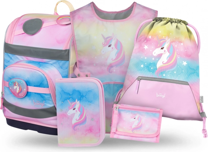 Baagl set Zippy Plus Rainbow Unicorn: aktovka, penál, sáček, zástěra, peněženka