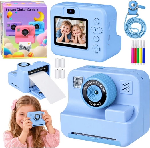 Dětský digitální fotoaparát s okamžitým tiskem modrý