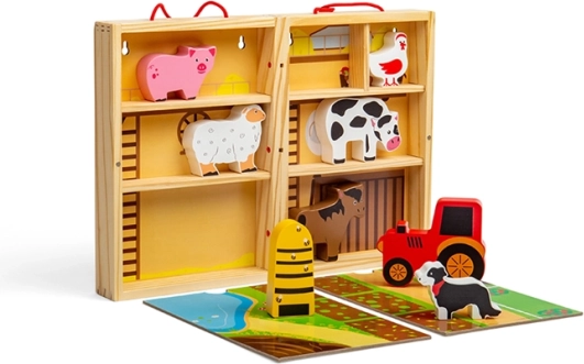 Bigjigs Toys přenosná dřevěná farma v krabičce se zvířátky a traktorem