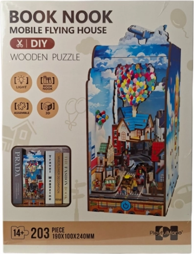 Dřevěné 3D puzzle Book Nook – Létající dům s LED osvětlením