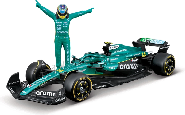 Bburago model formule 1 Aston Martin AMR25 2025 s figurkou jezdce Fernando Alonso (č. 14) 1:24