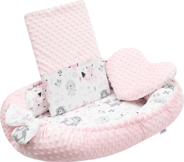 Luxusní dětské hnízdečko s polštářkem a peřinkou z minky růžové NEW BABY