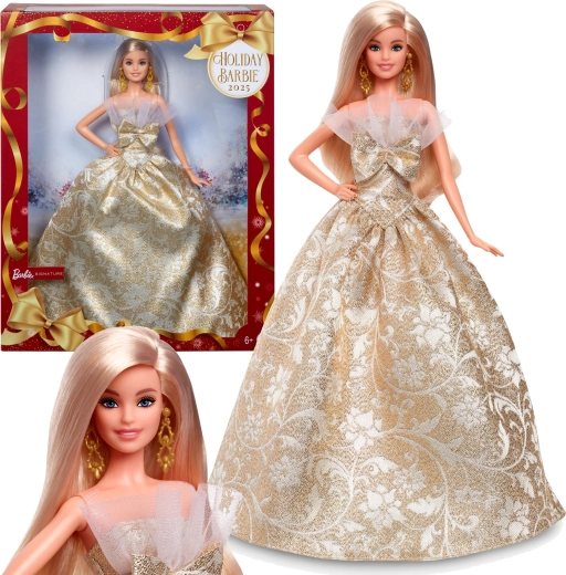 Sběratelská panenka Barbie Signature Holiday Joyeux Noel ve zlatých šatech