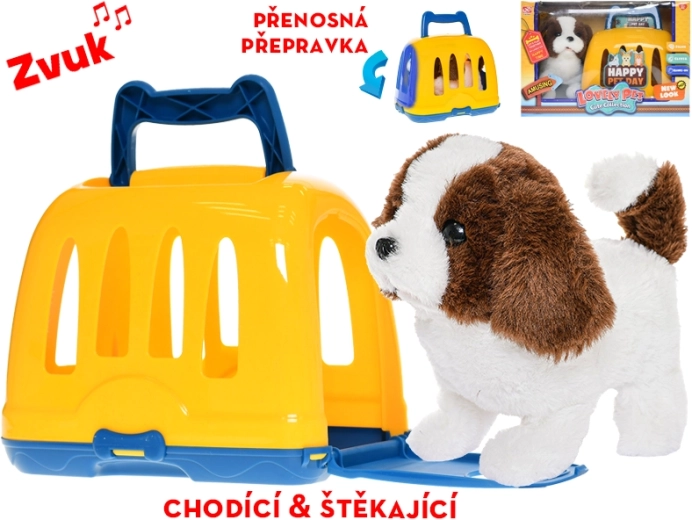 Plyšový pejsek v přepravce chodící a štěkající 19 cm
