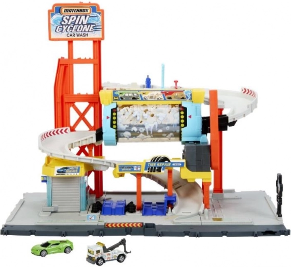 Myčka aut matchbox turbo cyklon – vícepodlažní herní set s rampou a servisem