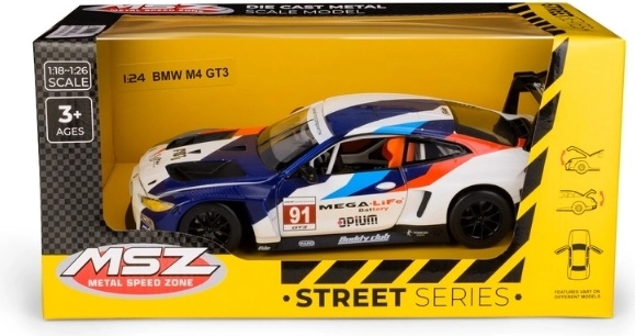 Model závodního vozu BMW M4 GT3 v měřítku 1:24 modro-bílý
