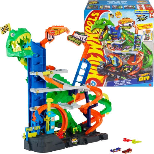 Hot Wheels City mega garáž Giga T-Rex – závodní dráha s garáží a 2 autíčky