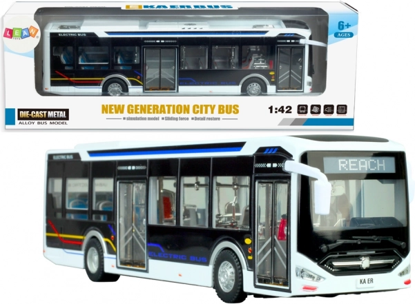Elektrický městský autobus 1:42 kovový bílý se světly