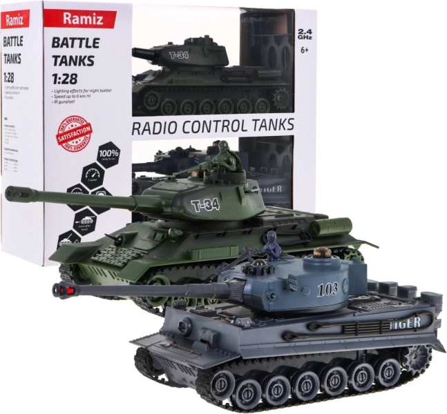 Dálkově ovládané tanky T‑34 vs Tiger v měřítku 1:28 – bojová sada 2.4 GHz