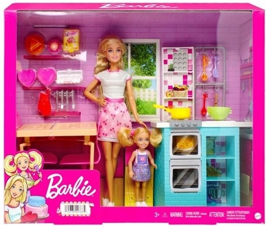 Barbie a Chelsea sada na společné pečení s kuchyňkou a jídelním stolkem