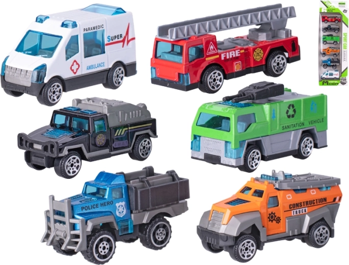 Sada kovových autíček mix 6 ks (6,5–7,5 cm) v dárkové krabičce