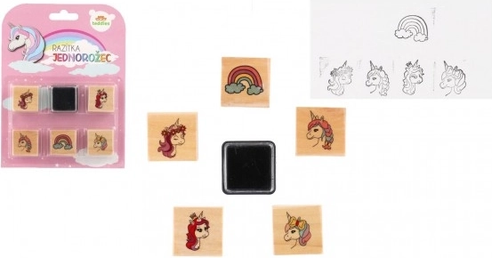 Dřevěná razítka s poduškou – jednorožci a duha (5+1), 3 × 3 cm