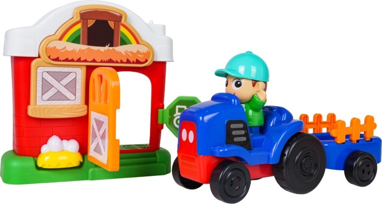 Traktor s přívěsem a otevírací stodola