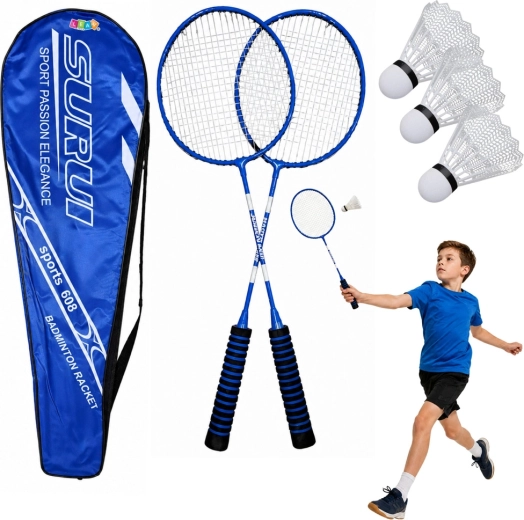 Sada na badminton se 2 raketami, 3 košíčky a obalem – modrá